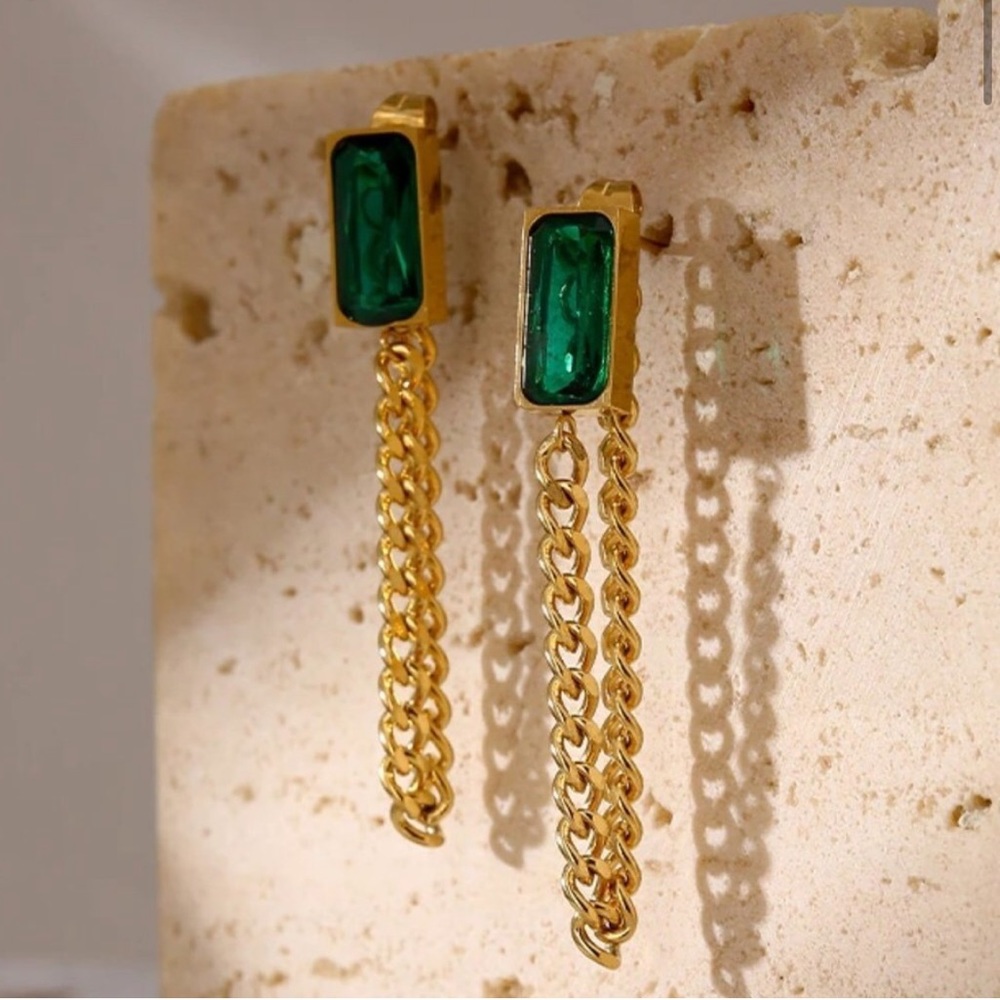 NWT Emerald 18K Gold Plated Chain Link •Statement Earrings • Art Deco